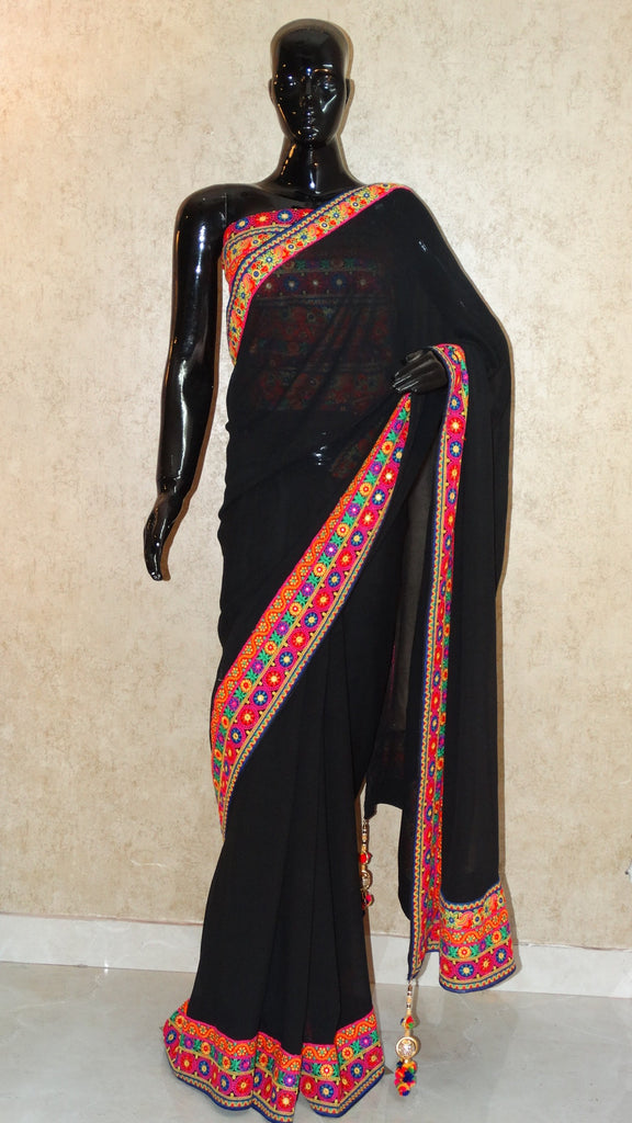 Pure Georgette - Black Saree with Surat Embroidery border