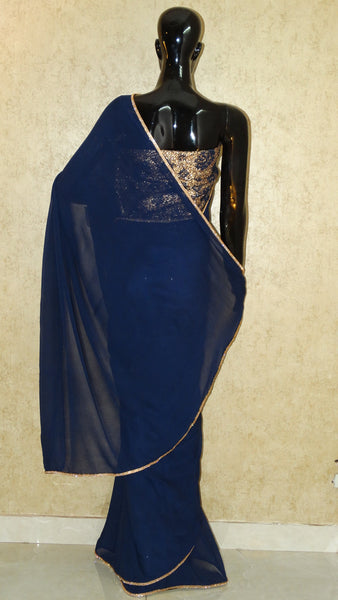 Pure Georgette - Navy Blue Saree with zircon border