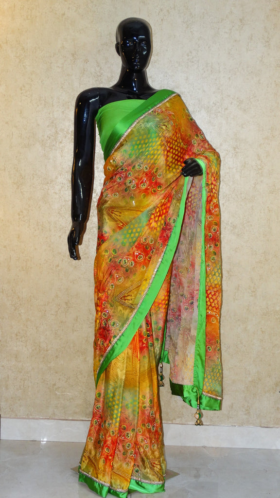 Pure Crepe - Peacock Print with all over Hand work saree