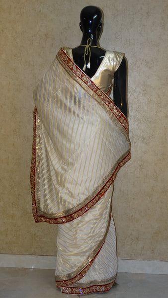 Chanderi Cotton with Kundan Work - Off-white Saree