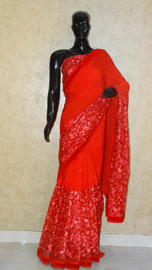 Pure Crepe Silk and Net - Red Half 'n' Half Saree