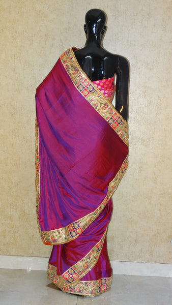 Cotton Satin - Red and Purple Cross Shade Saree