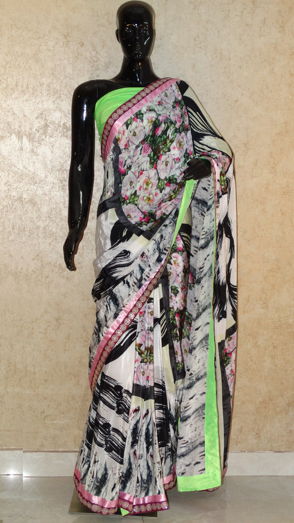 Italian Crepe - Floral bunch with Abstract Print white Saree