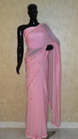 Pure Chiffon Saree - Hand Embroidery Pink Saree
