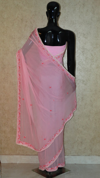 Pure Chiffon Saree - Hand Embroidery Pink Saree