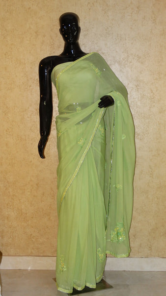 Pure Chiffon Saree - Hand Embroidery Grapes Green Saree