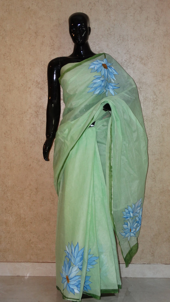 Pure Organdy Hand Painted Saree - Floral Pattern all Over