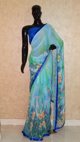 Blue Georgette Saree - Floral Print with Swarowski embellishment Saree