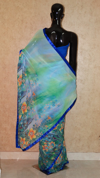 Aqua Blue Georgette Saree - Floral Print with Swarowski embellishment Saree