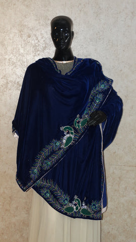 Royal Blue Velvet Shawl - Peacock Pair Hand Embroidered