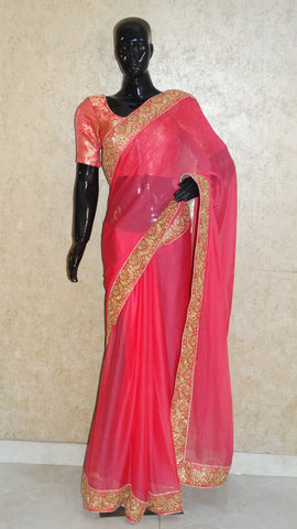 Pure Chiffon Pastel Pink Saree with Floral Border