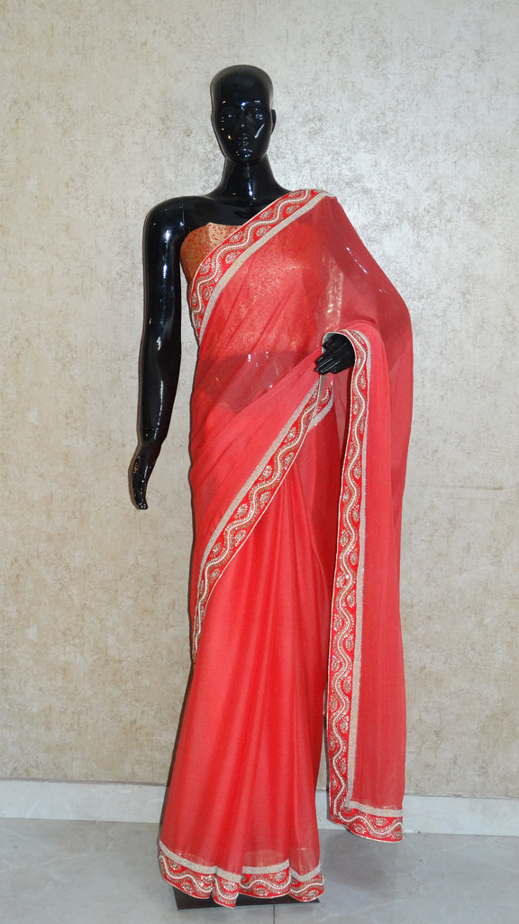 Pure Chiffon Pastel Red Saree with Pearl and Kundan Border