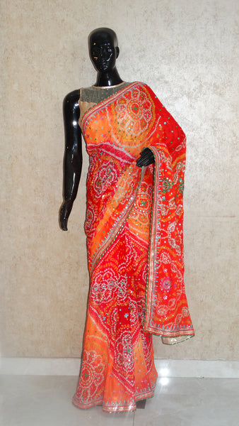 Pure Crepe Orange Bandhej Saree with Mirror and Sequins Embroidery