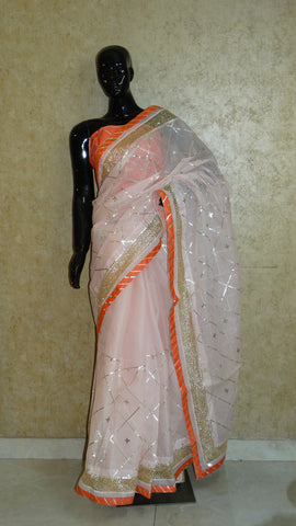 Pale Pink Chanderi Peach Saree with Contemporary Gota work