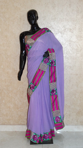 Pure Georgette Lavender Saree with Cut-work Border