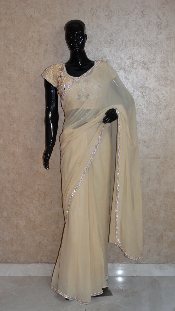 Pure Georgette - Buttercup Yellow Saree with Zircon n Pearl border