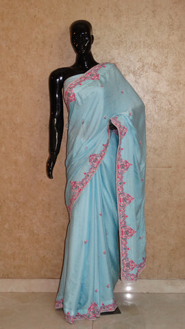 Pure Crepe Silk Sky Blue Saree with Silk Embroidery