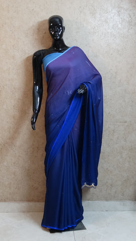 Georgette Stain Blue Fusion Hues Saree with Cut-work
