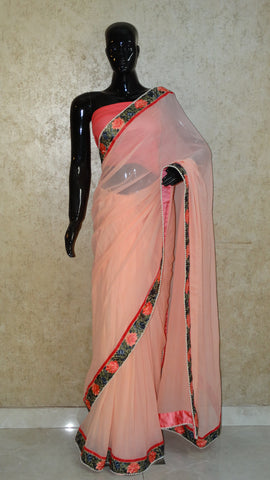 Pure Georgettte Peach Saree with Floral Parsi Border