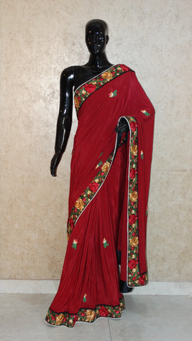 Pure Crepe Maroon Saree with Parsi Embroidery
