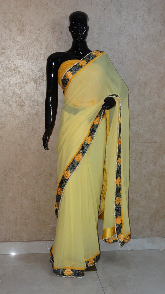 Pure Georgettte Lemon Saree with Floral Parsi Gara