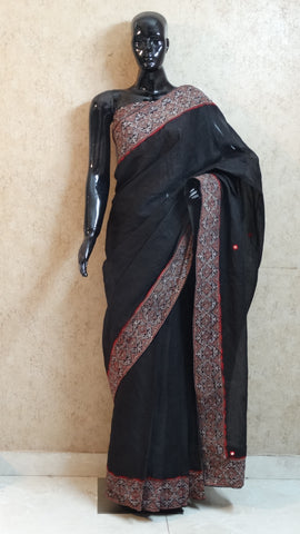 Black Organdy Saree with Hand Ajrakh Border and Mirror Work