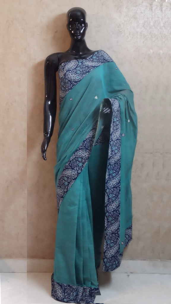 Turquoise Blue Chanderi Saree with Hand Block Print Border
