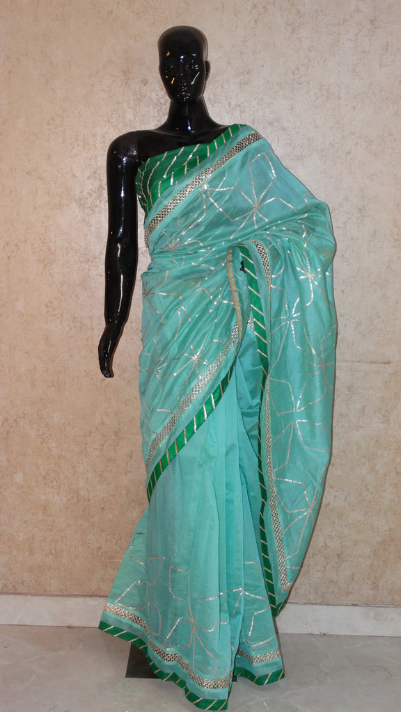 Turquoise Green Chanderi Silk Saree with Contemporary Gota work