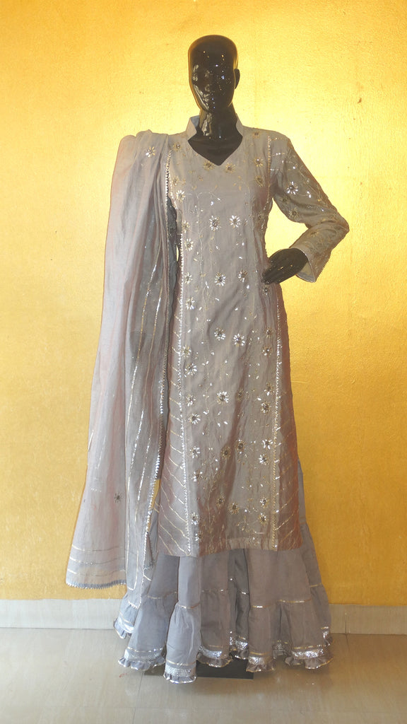 Grey Chanderi Silk Gota Patti Kurta and Gharara Set