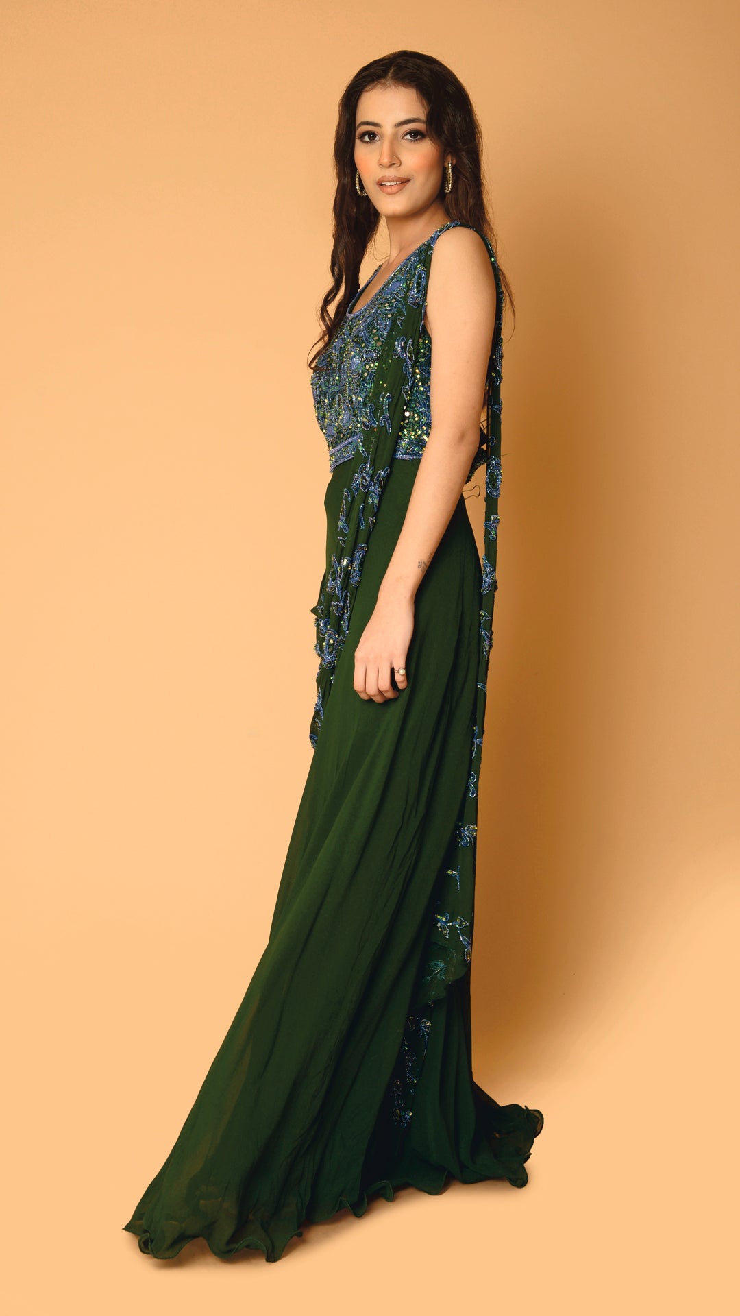 Bottle Green Sitara Drape Gown Rang Riwaaz Bottle Green Sitara Drape Gown Rang Riwaaz