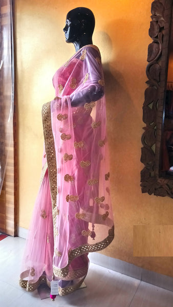 Pink Net Saree with Kundan motifs