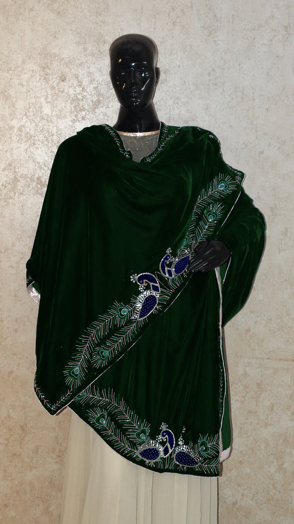Bottle Green Velvet Shawl - Peacock Pair Hand Embroidered