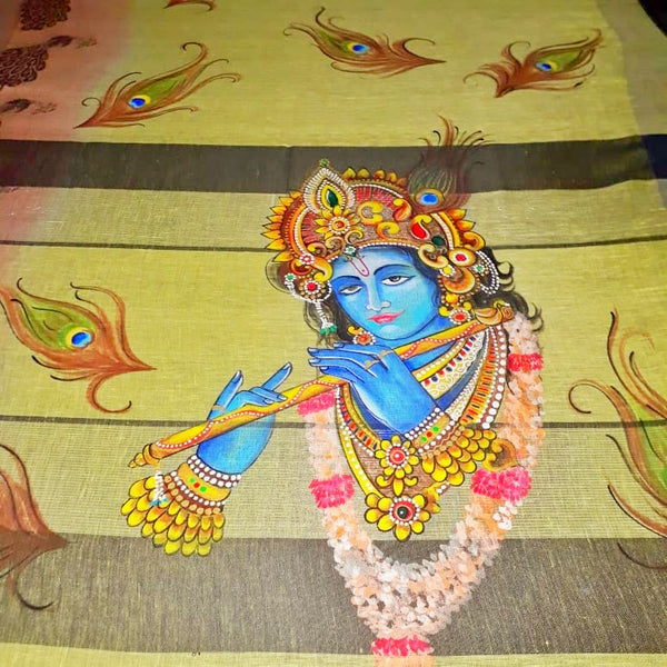 Hand Painted Krishna Yellow Linen Saree