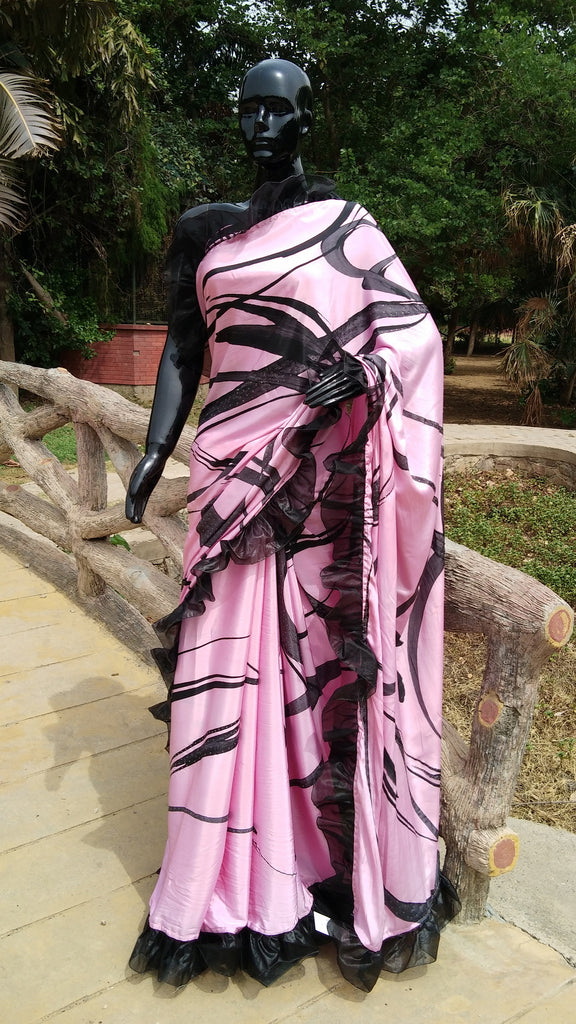 Lavender Crepe Saree with Abstract Print and Ruffle Finish