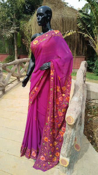 Kashmiri Aari Kasheeda - Lilac Stone Work Georgette Saree