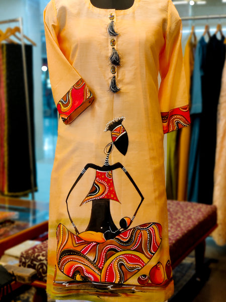 Peach Chanderi Hand Painted Kurta Suit