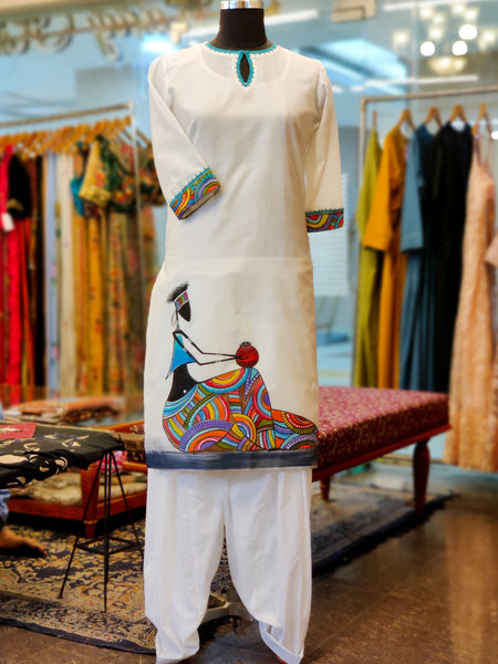 White Turquoise Chanderi Hand Painted Kurta Suit