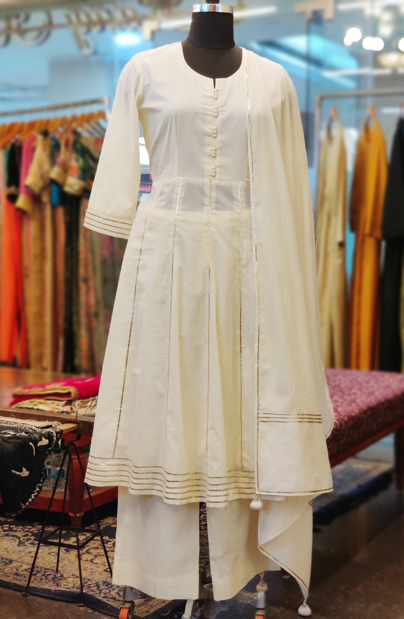 Blue,white Printed Anarkali Suit in Cotton - AS3690