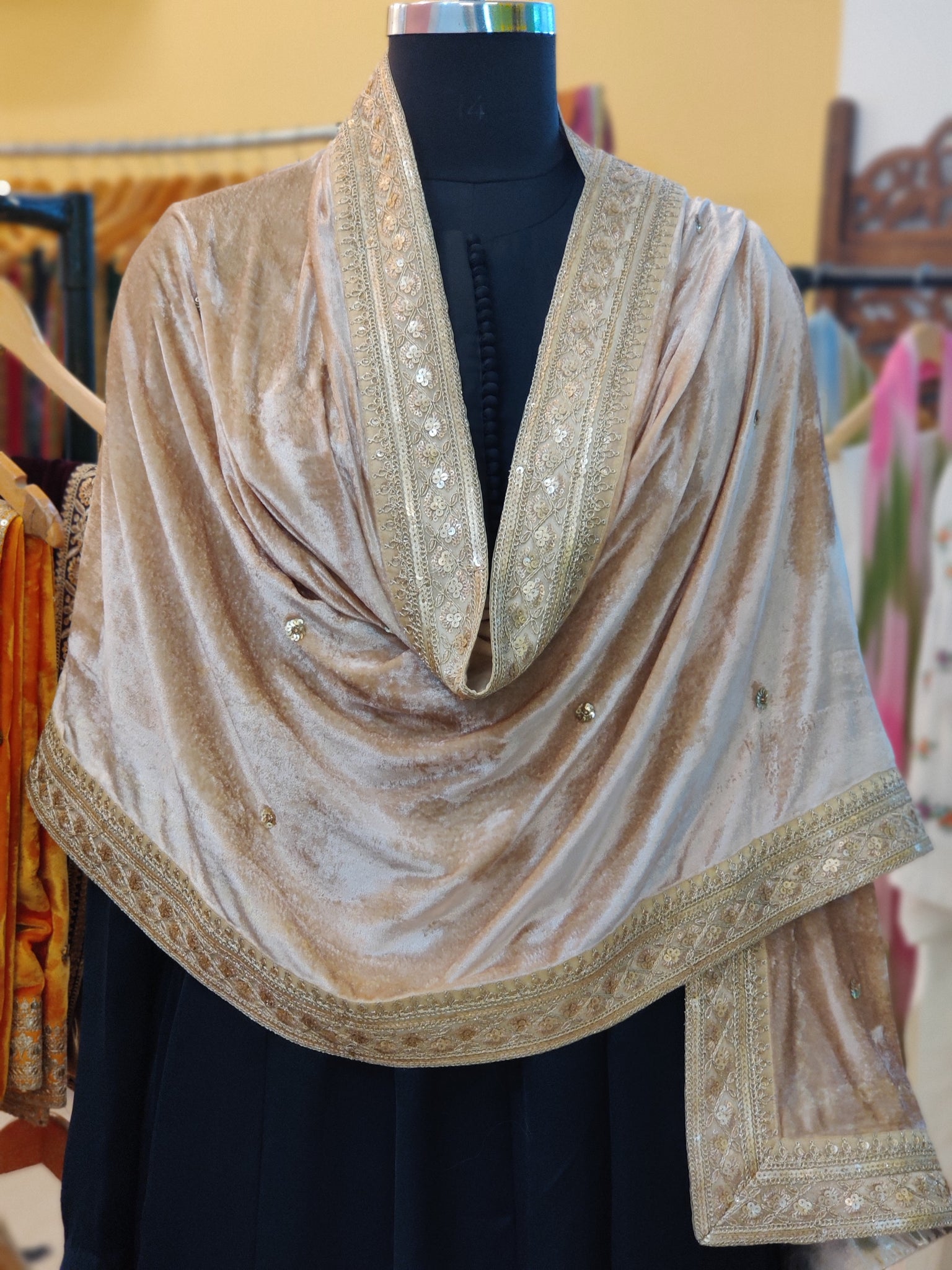 Sitara Booti Beige Velvet Shawl – Rang Riwaaz - Main Image