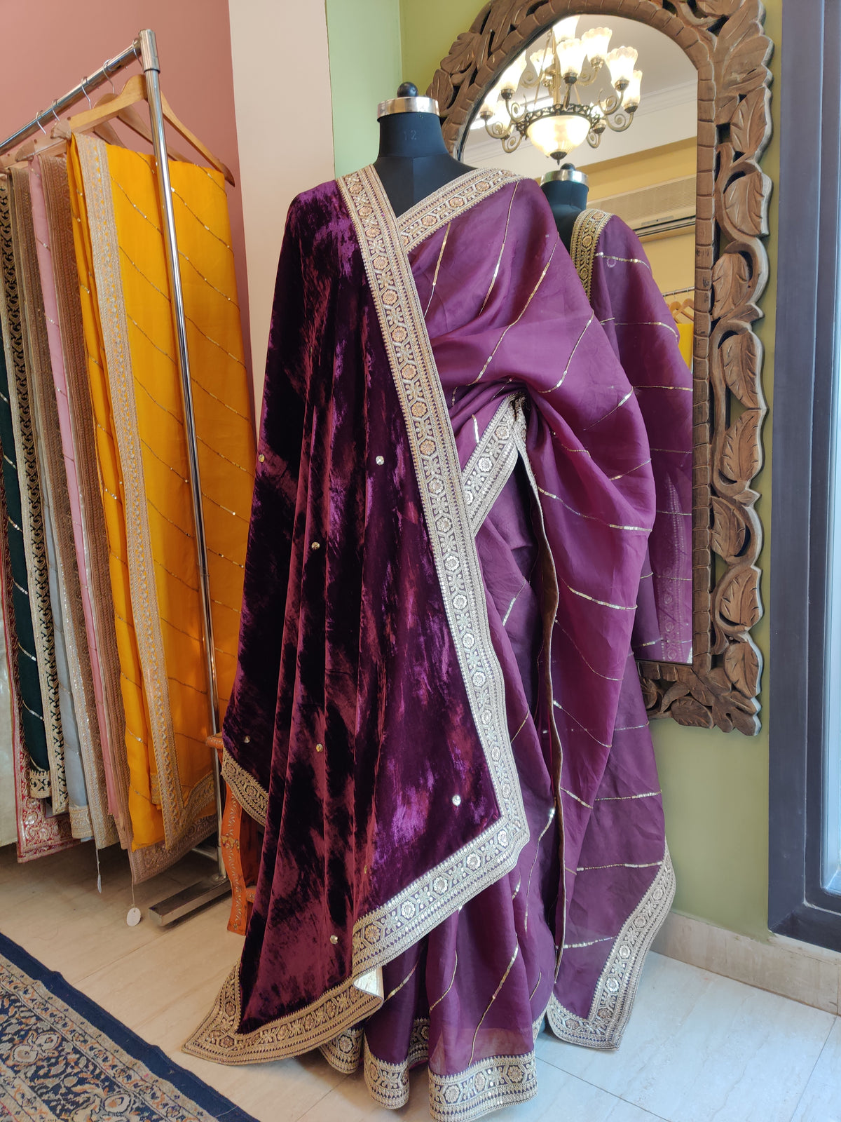 Wine Sitara Leheriya Saree & Shawl Set