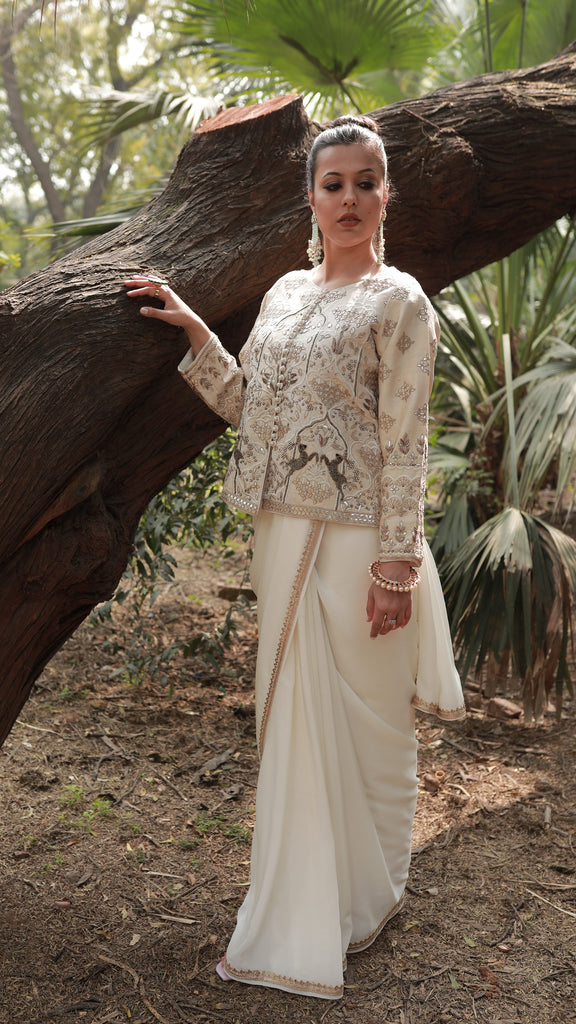 Ivory Shikargah Jacket Saree Set