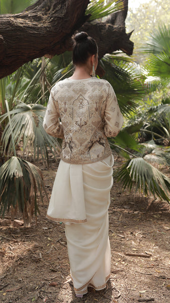 Ivory Shikargah Jacket Saree Set