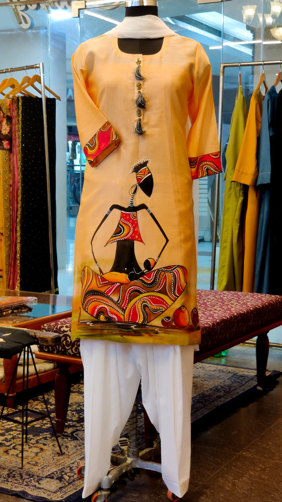 Peach Chanderi Hand Painted Kurta Suit