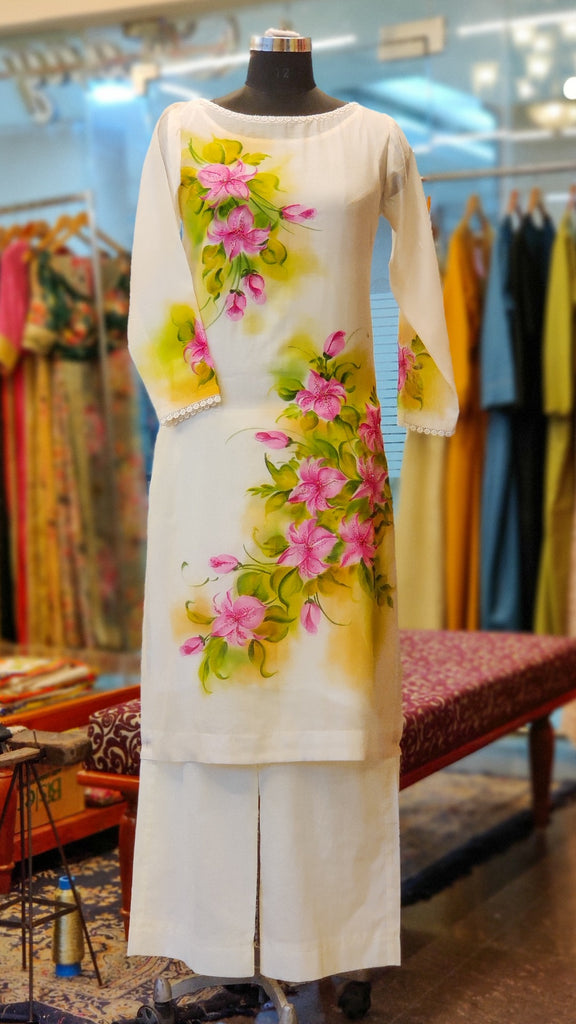 Off-white Hand Painted Floral Kurta Set