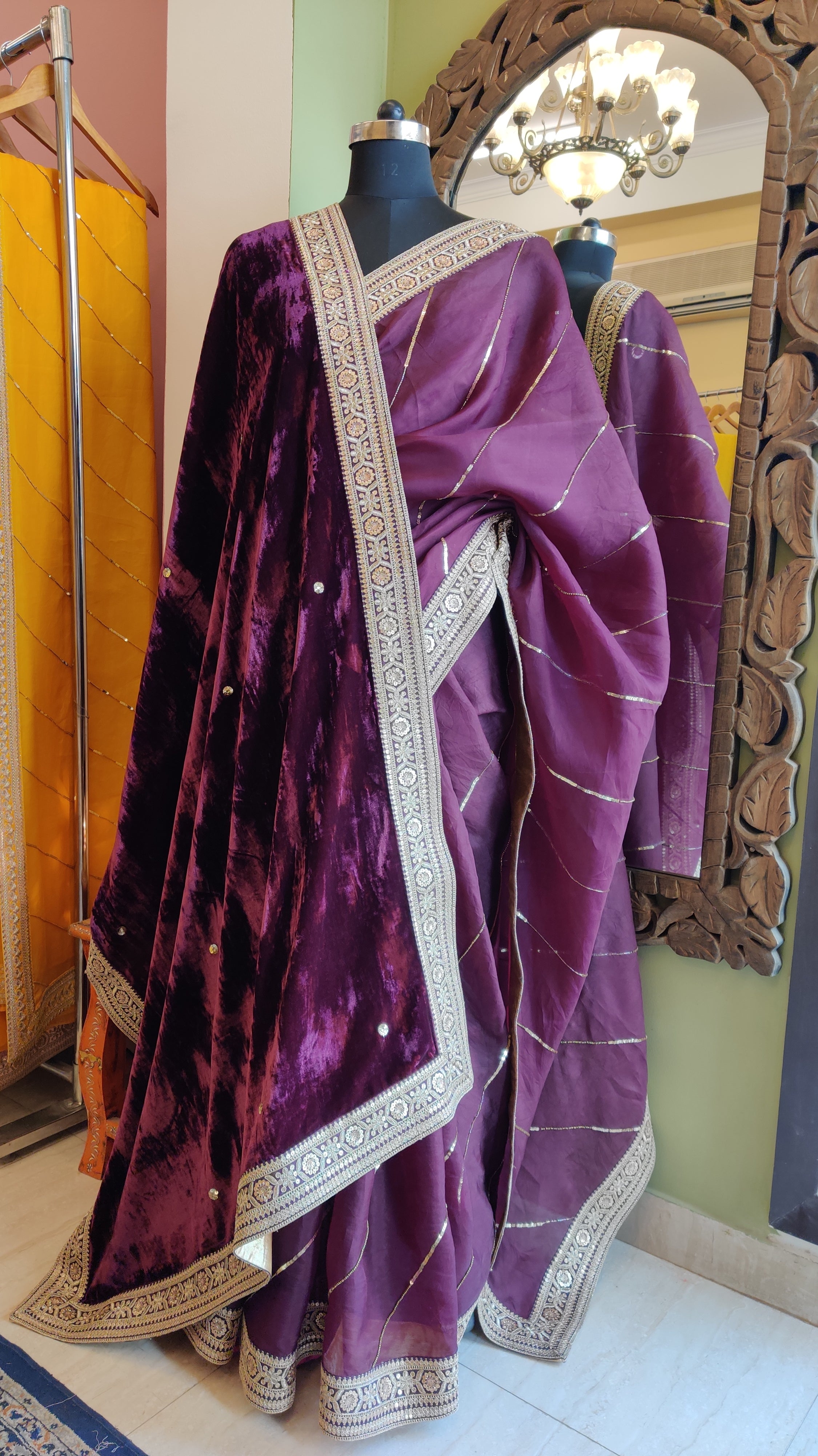 Wine Sitara Leheriya Saree & Shawl Set