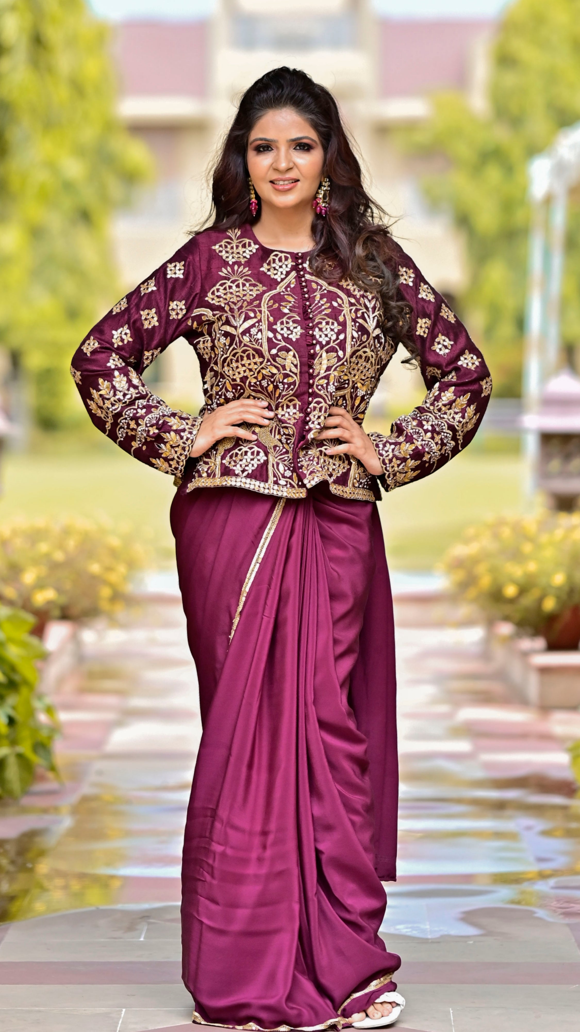 Wine Shikargah Jacket Saree Set