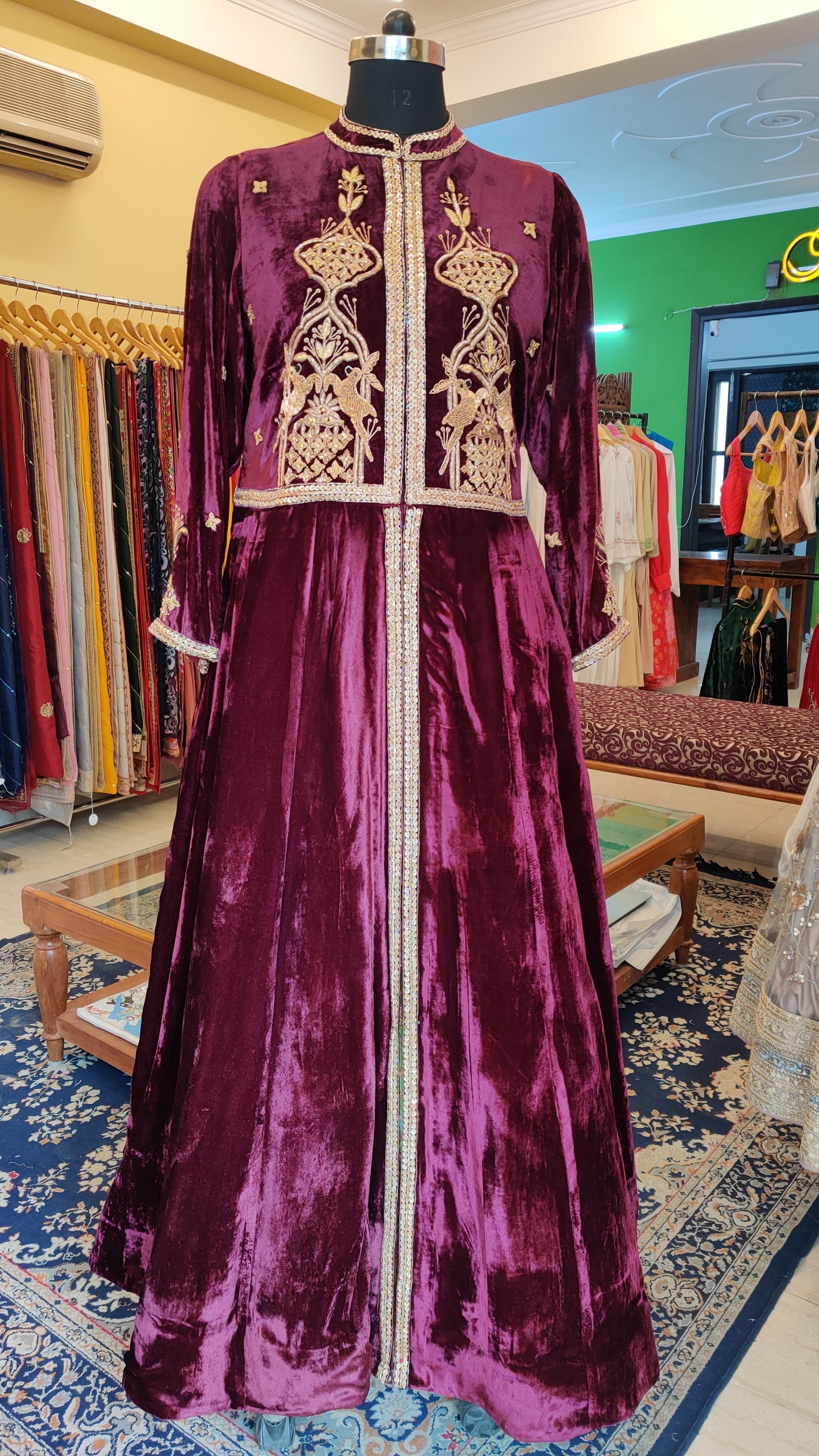 Shikargah Deer Motif - Floor Length Velvet Jacket
