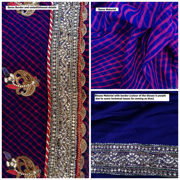 Pure Chiffon Purple Magenta Lehariya Saree - Kundan Border,  Zari Pearl kangoora and embellishments